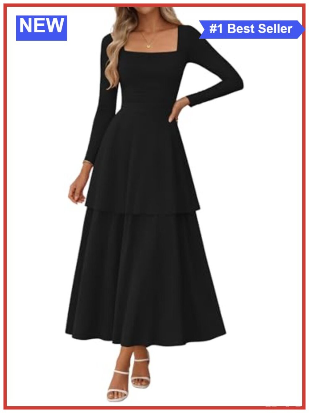 Women's Long Sleeve Square Neck Ruffle Maxi Dress Ruched Waist A-Line